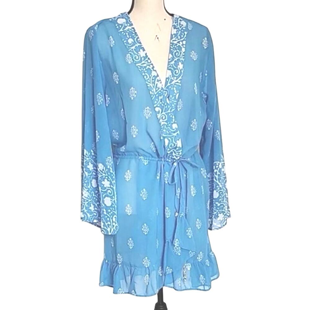 blue island Blue Floral V-Neck Swim Cover Up size S bikini cover up